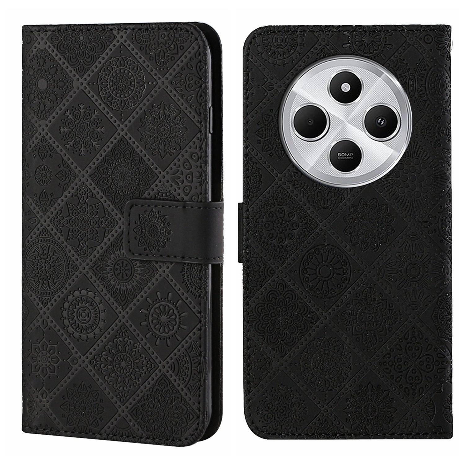 For Redmi 14C 4G Ethnic Style Embossed Pattern Leather Phone Case(Black)