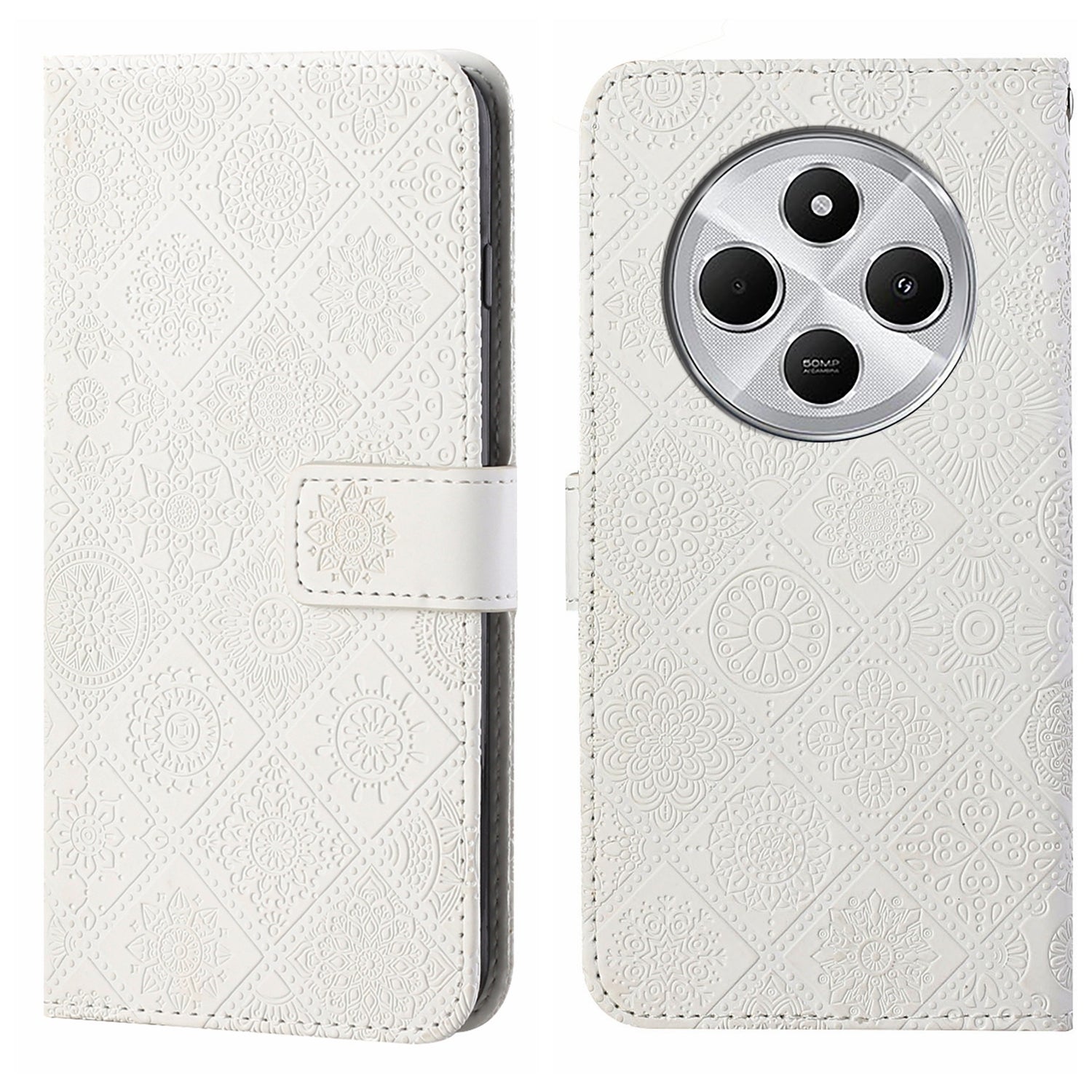 For Redmi 14C 4G Ethnic Style Embossed Pattern Leather Phone Case(White)