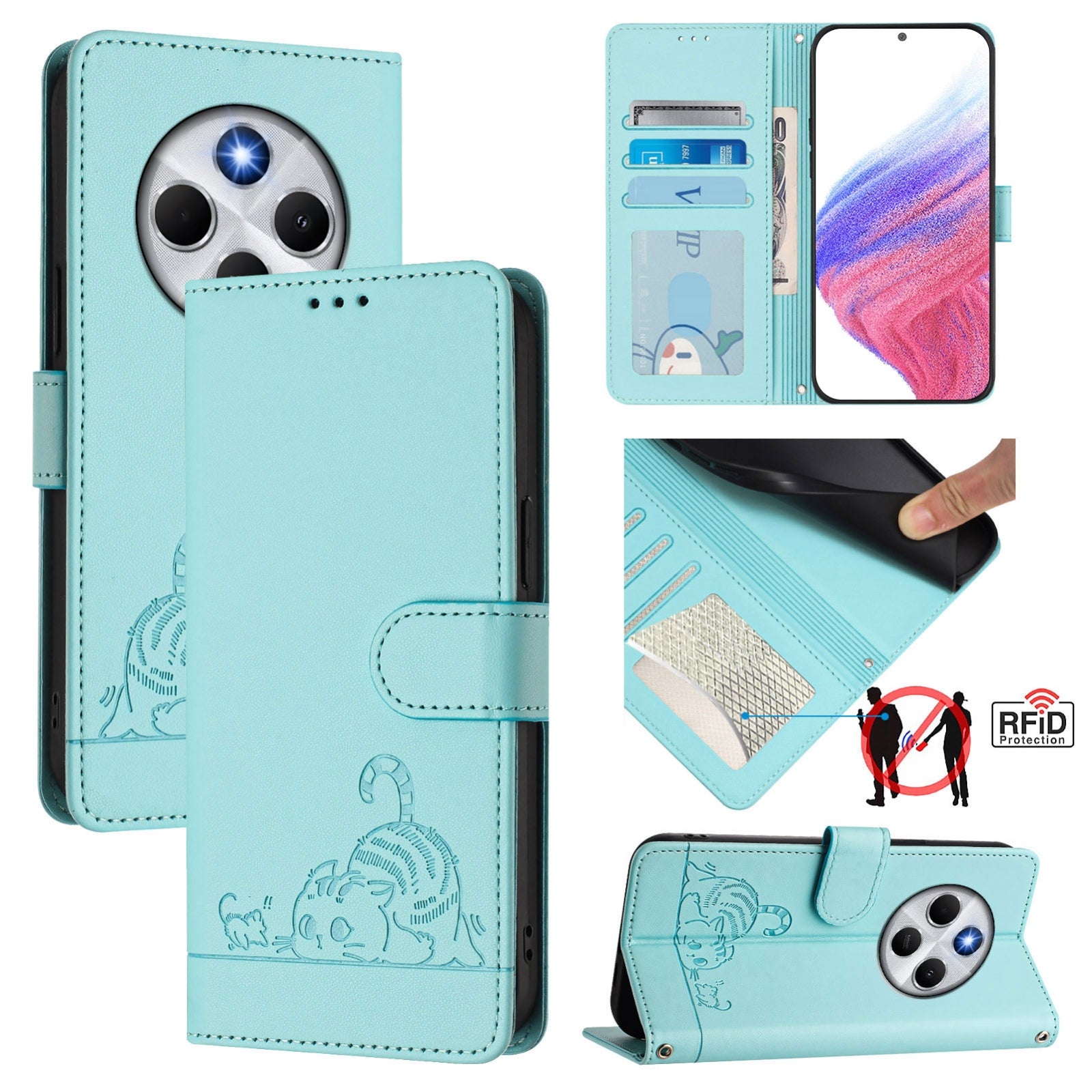 For Redmi 14C 4G Cat Rat Embossed Pattern RFID Leather Phone Case with Lanyard(Mint Green)