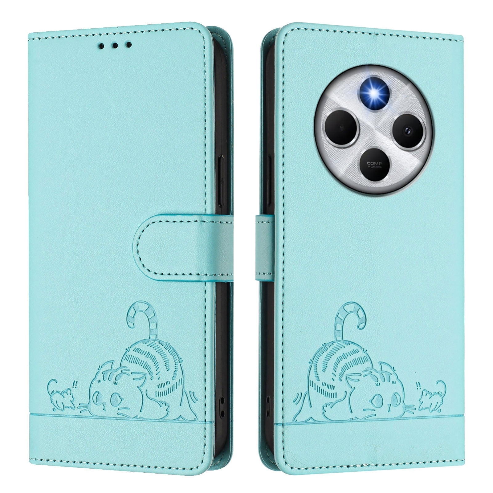 For Redmi 14C 4G Cat Rat Embossed Pattern RFID Leather Phone Case with Lanyard(Mint Green)