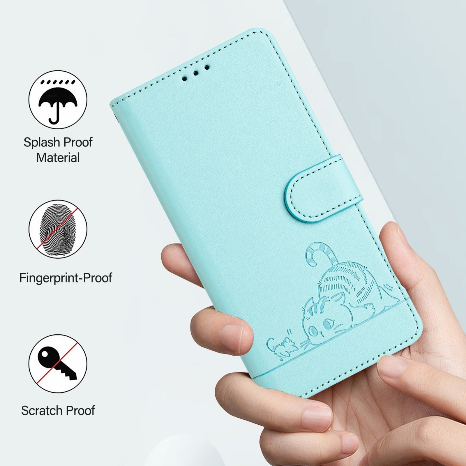 For Redmi 14C 4G Cat Rat Embossed Pattern RFID Leather Phone Case with Lanyard(Mint Green)