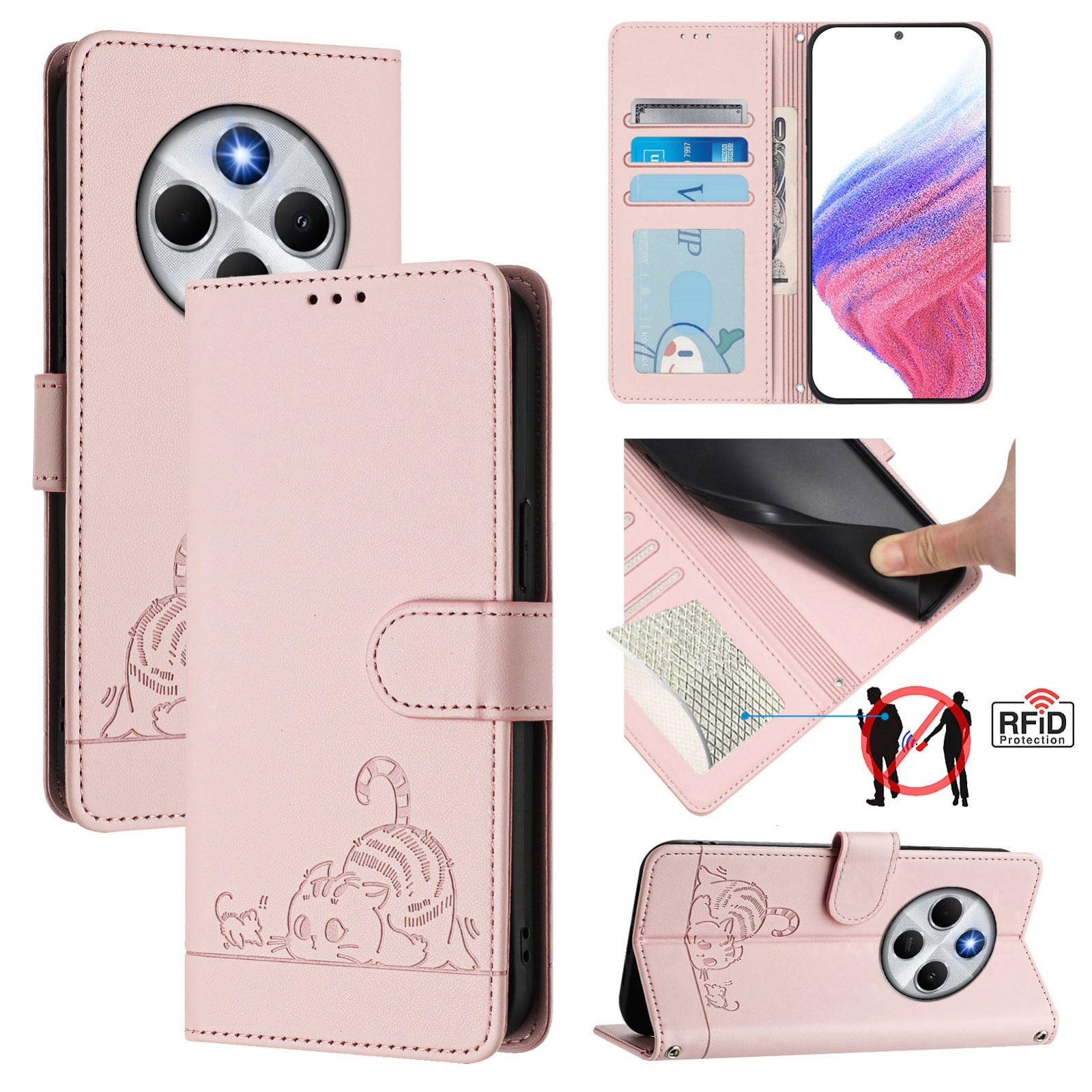 For Redmi 14C 4G Cat Rat Embossed Pattern RFID Leather Phone Case with Lanyard(Pink)