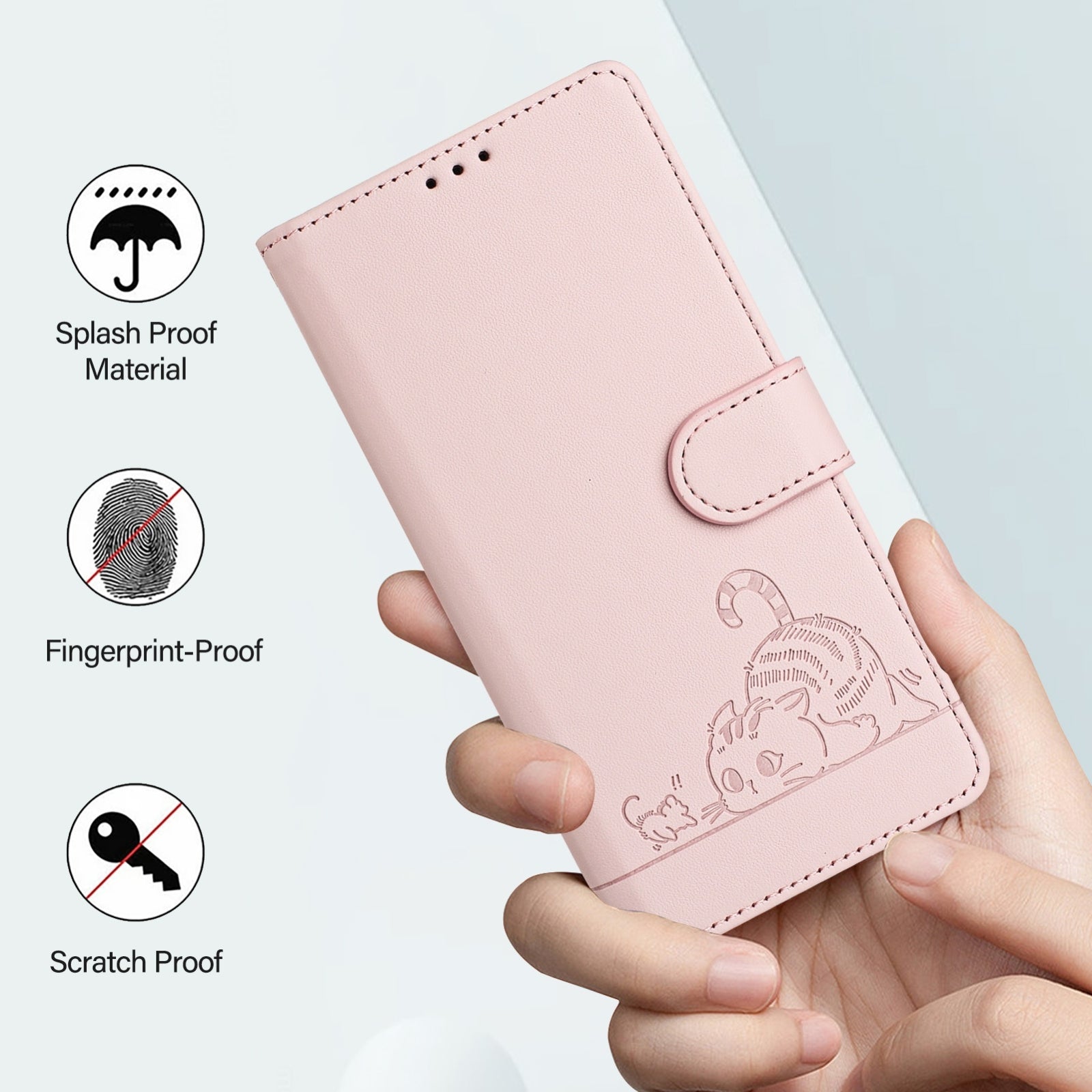 For Redmi 14C 4G Cat Rat Embossed Pattern RFID Leather Phone Case with Lanyard(Pink)