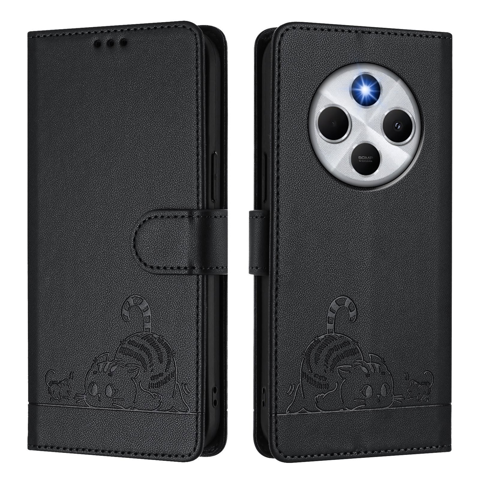 For Redmi 14C 4G Cat Rat Embossed Pattern RFID Leather Phone Case with Lanyard(Black)