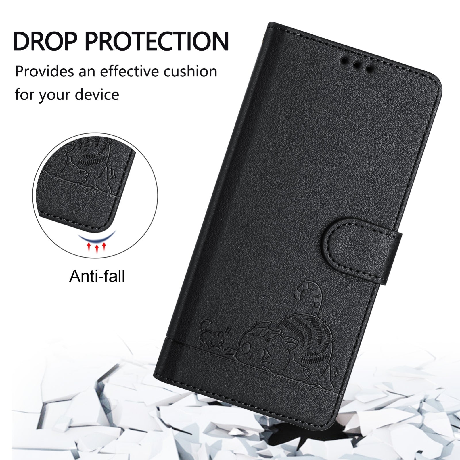 For Redmi 14C 4G Cat Rat Embossed Pattern RFID Leather Phone Case with Lanyard(Black)