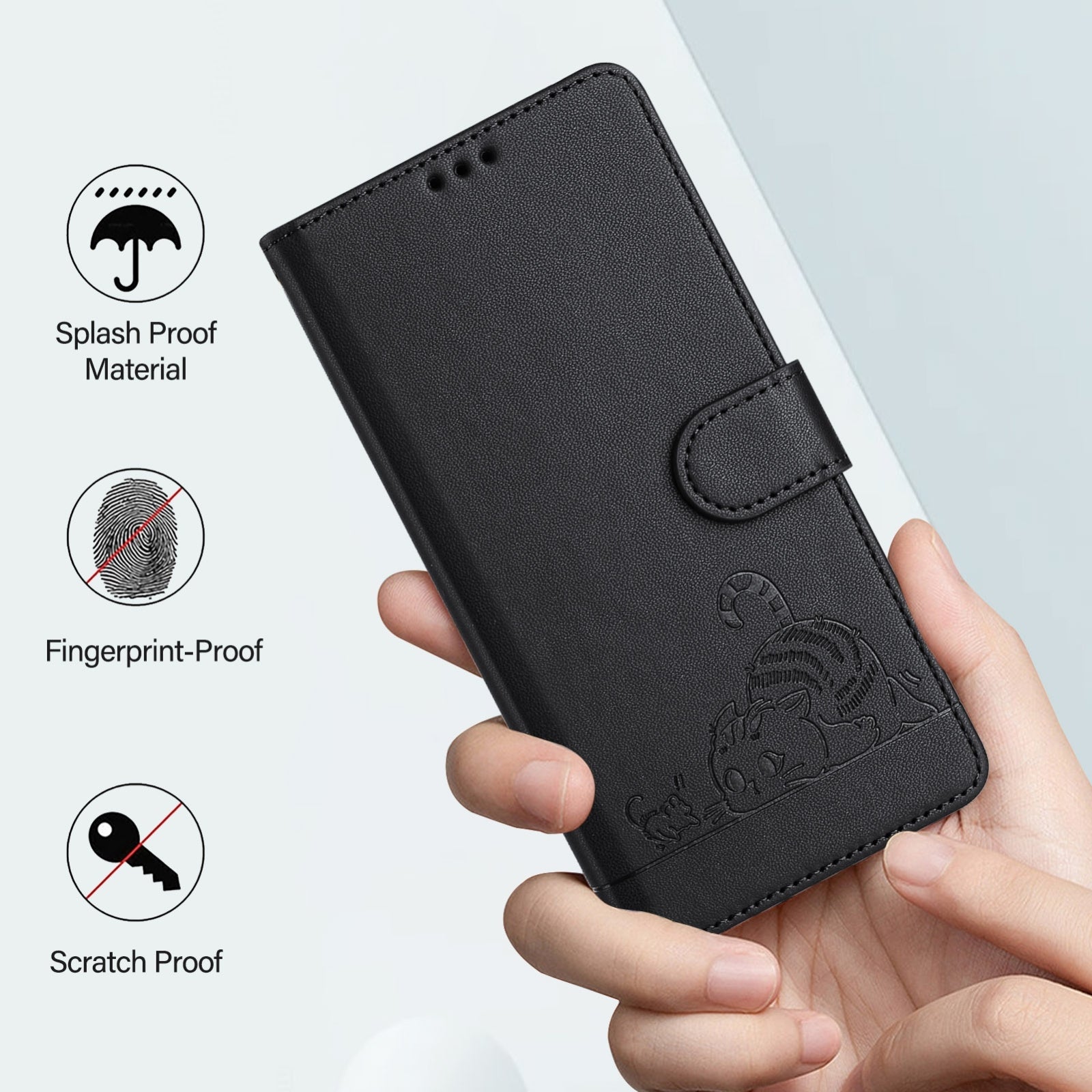 For Redmi 14C 4G Cat Rat Embossed Pattern RFID Leather Phone Case with Lanyard(Black)