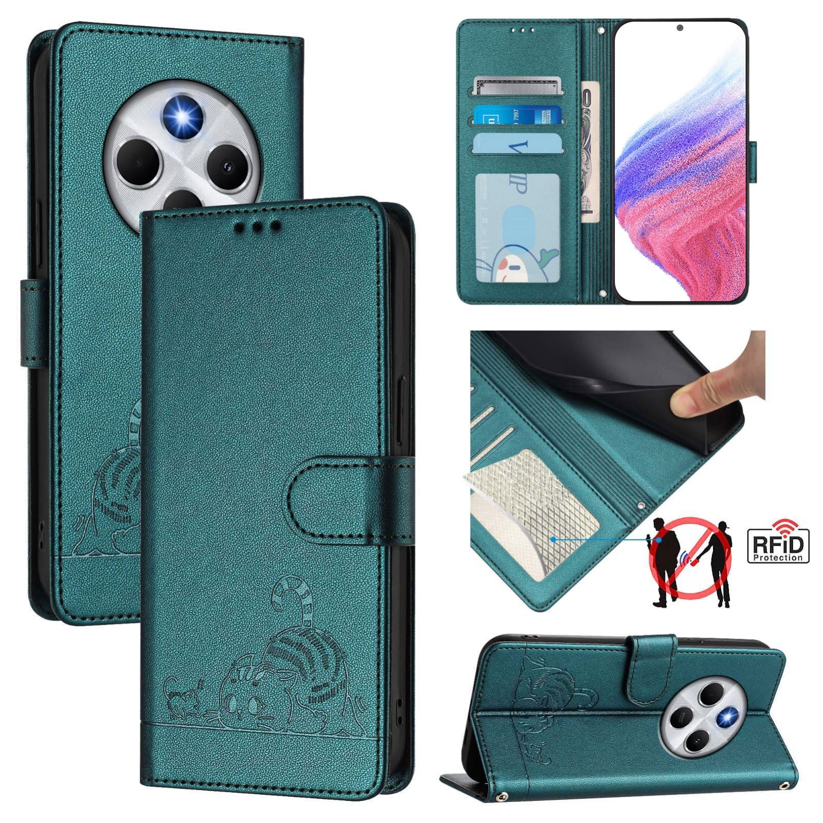 For Redmi 14C 4G Cat Rat Embossed Pattern RFID Leather Phone Case with Lanyard(Peacock Green)