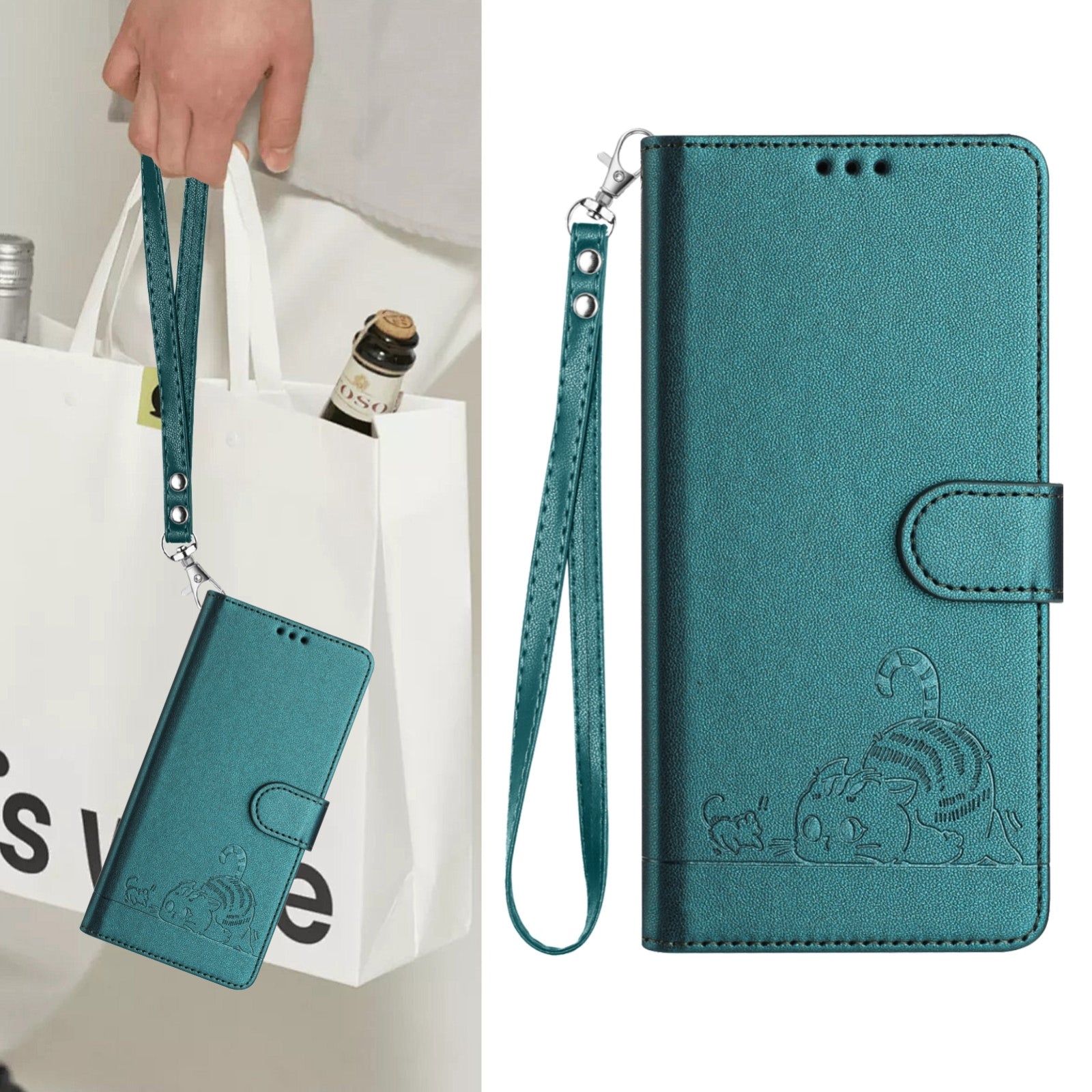 For Redmi 14C 4G Cat Rat Embossed Pattern RFID Leather Phone Case with Lanyard(Peacock Green)