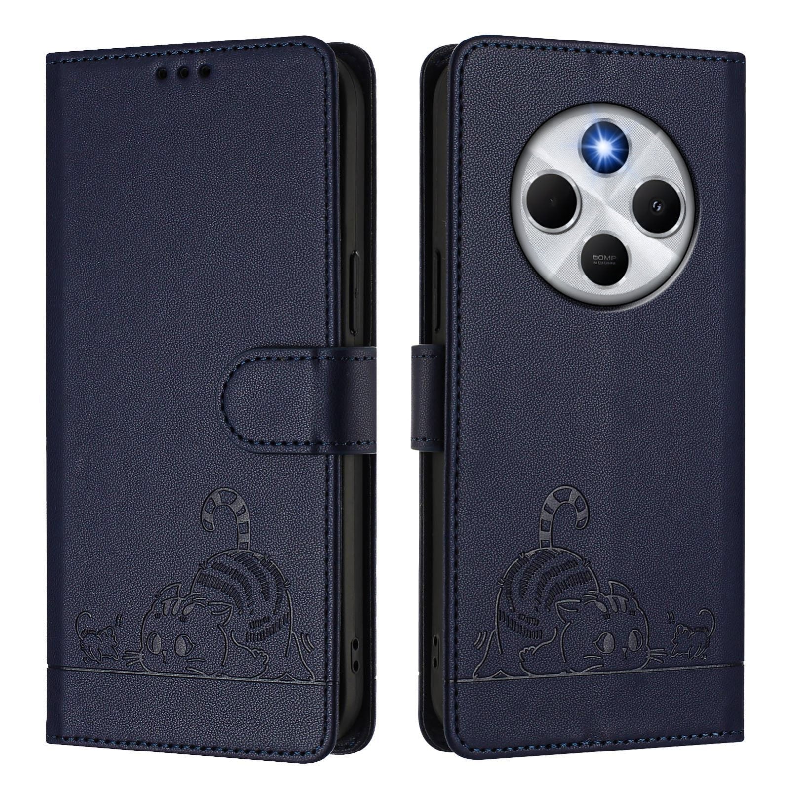 For Redmi 14C 4G Cat Rat Embossed Pattern RFID Leather Phone Case with Lanyard(Blue)