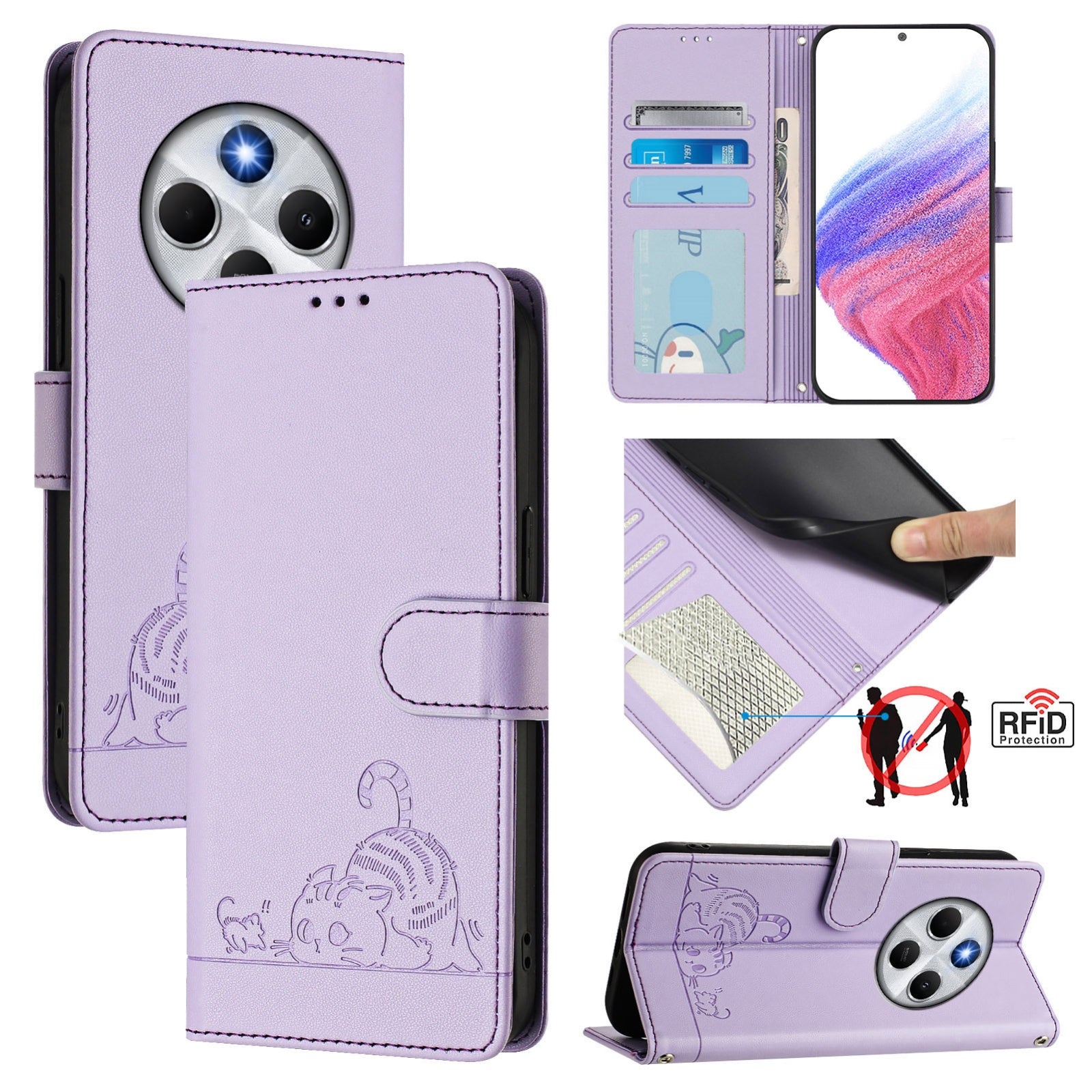 For Redmi 14C 4G Cat Rat Embossed Pattern RFID Leather Phone Case with Lanyard(Purple)