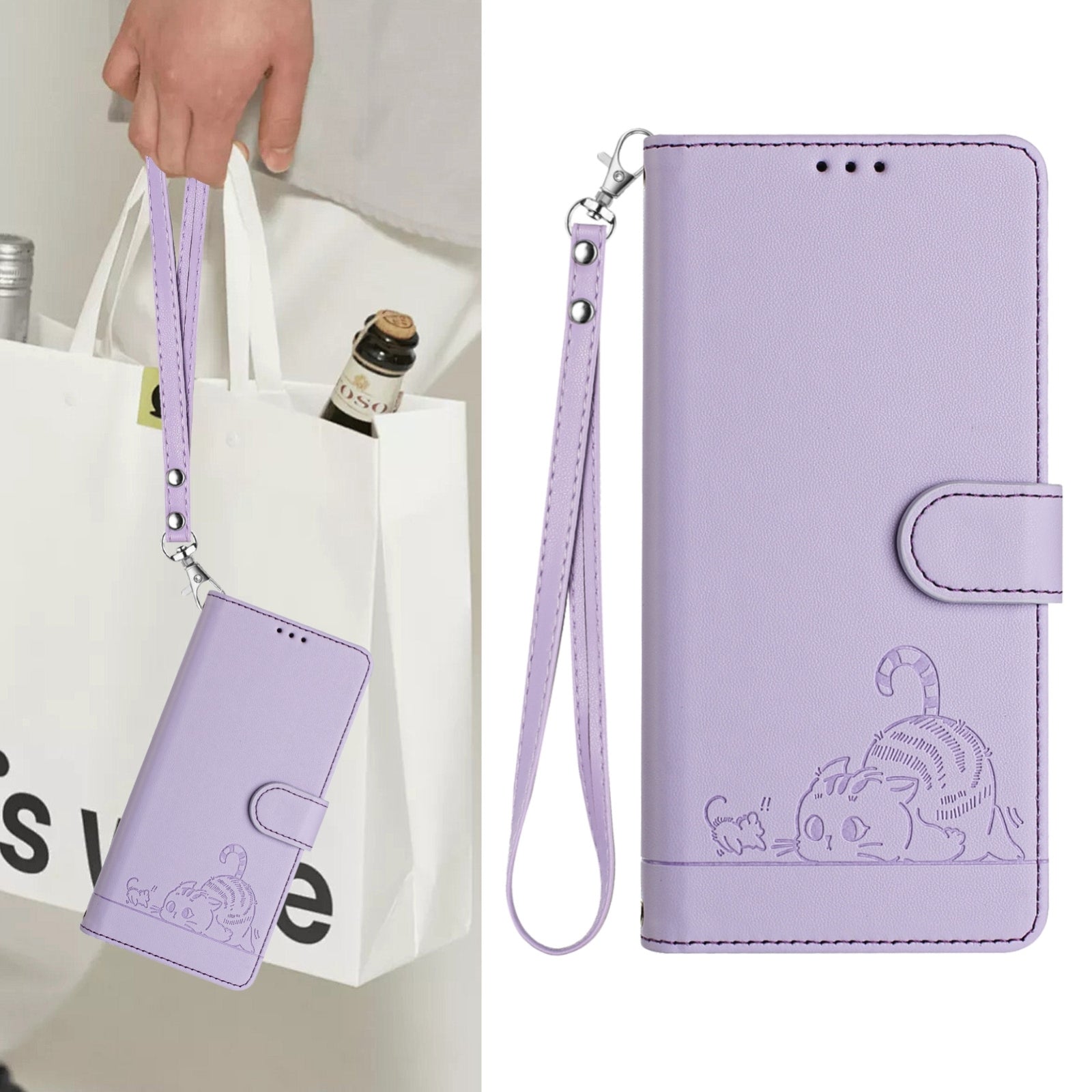 For Redmi 14C 4G Cat Rat Embossed Pattern RFID Leather Phone Case with Lanyard(Purple)