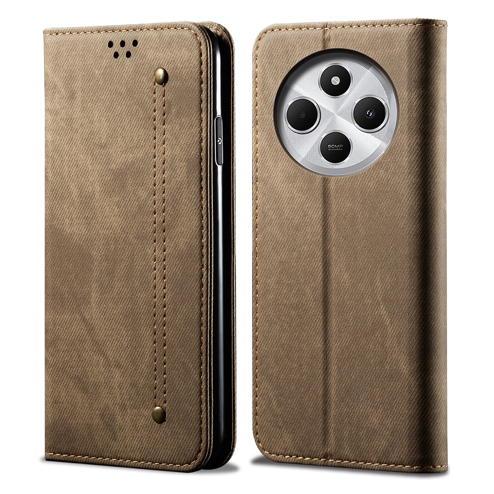 For Redmi 14C 4G Denim Texture Casual Style Horizontal Flip Leather Case(Khaki)