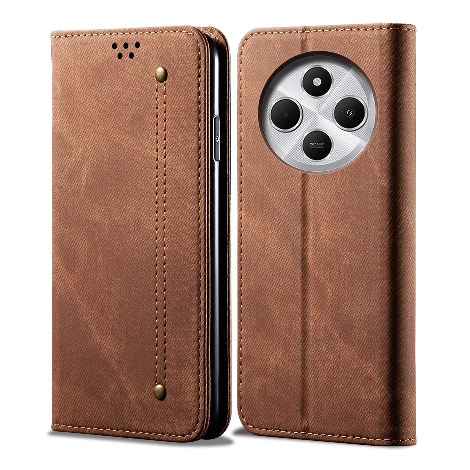 For Redmi 14C 4G Denim Texture Casual Style Horizontal Flip Leather Case(Brown)