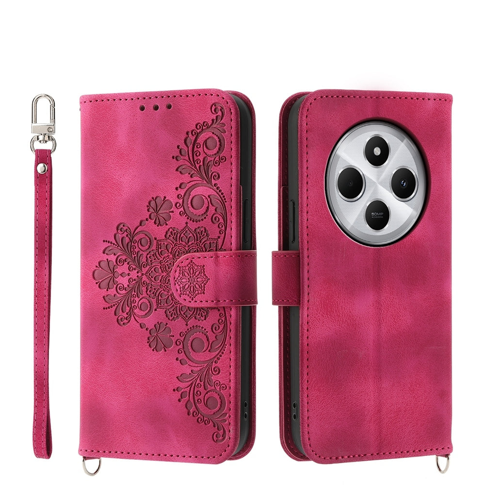 For Redmi 14C 4G Skin Feel Flowers Embossed Wallet Leather Phone Case(Wine Red)