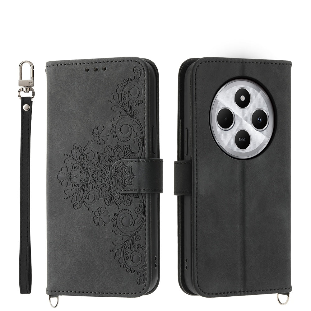 For Redmi 14C 4G Skin Feel Flowers Embossed Wallet Leather Phone Case(Black)