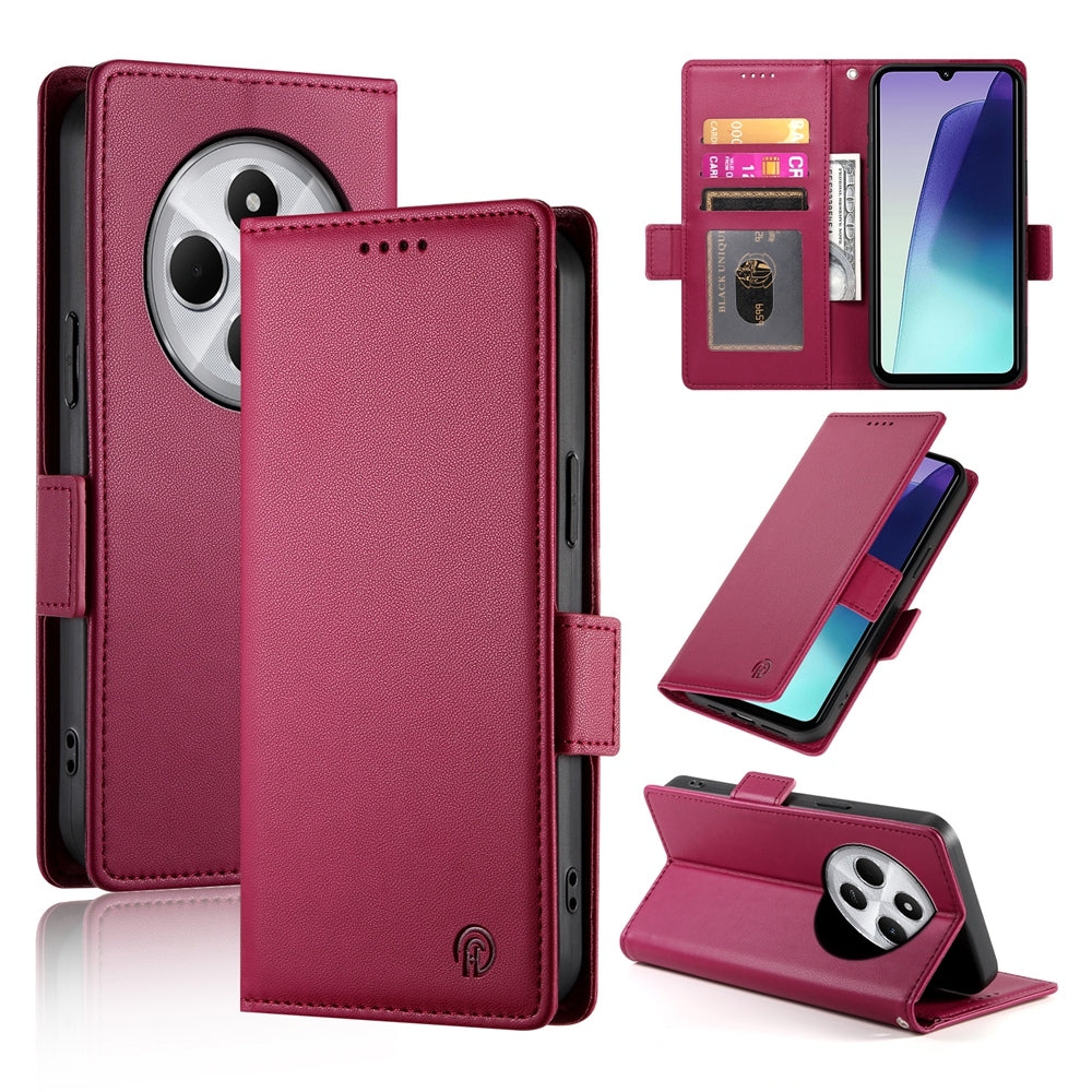 For Redmi 14C 4G Side Buckle Magnetic Frosted Leather Phone Case(Wine Red)