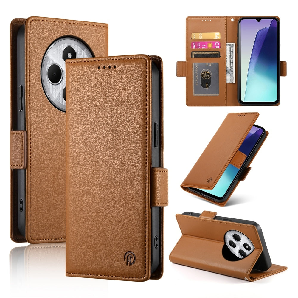 For Redmi 14C 4G Side Buckle Magnetic Frosted Leather Phone Case(Brown)