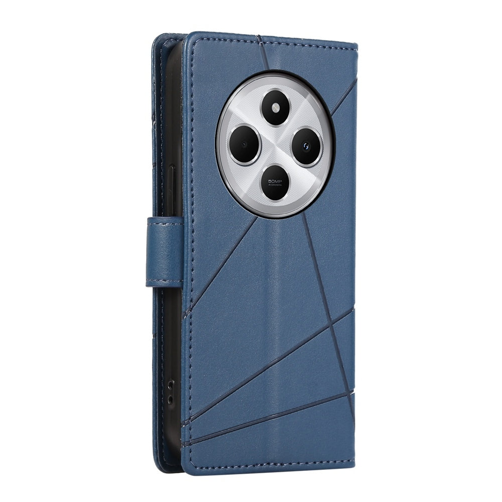 For Redmi 14C 4G PU Genuine Leather Texture Embossed Line Phone Case(Blue)