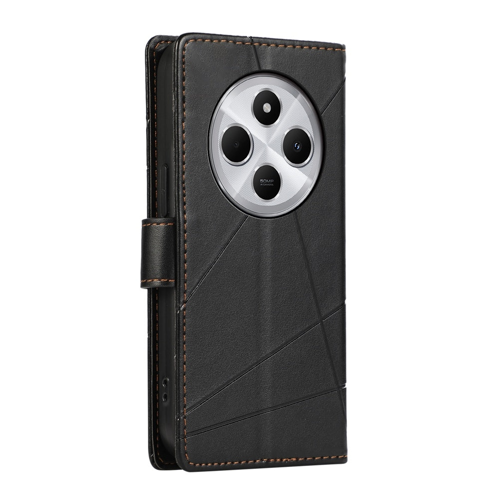 For Redmi 14C 4G PU Genuine Leather Texture Embossed Line Phone Case(Black)