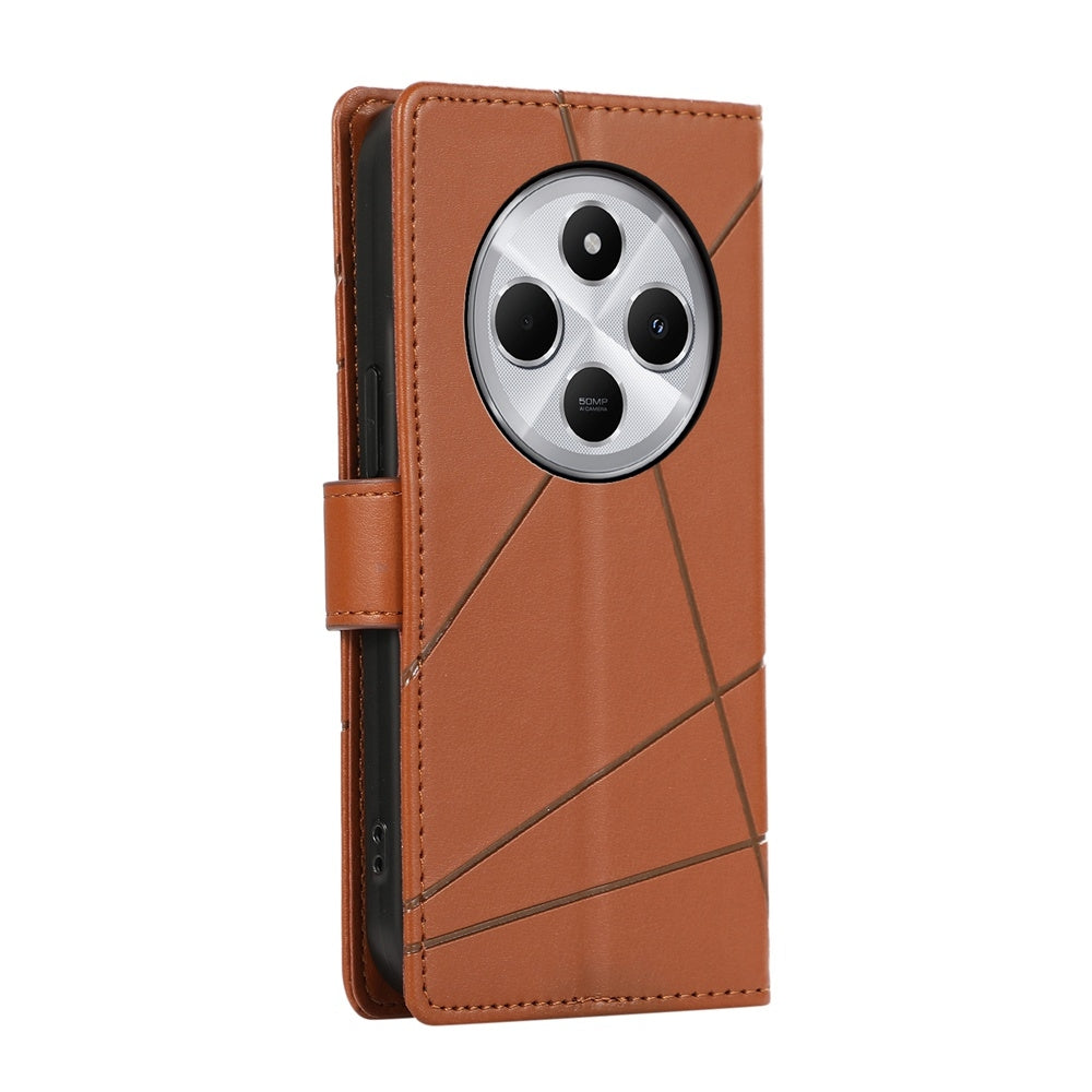 For Redmi 14C 4G PU Genuine Leather Texture Embossed Line Phone Case(Brown)