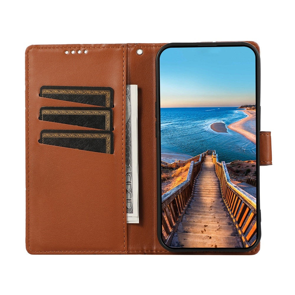 For Redmi 14C 4G PU Genuine Leather Texture Embossed Line Phone Case(Brown)