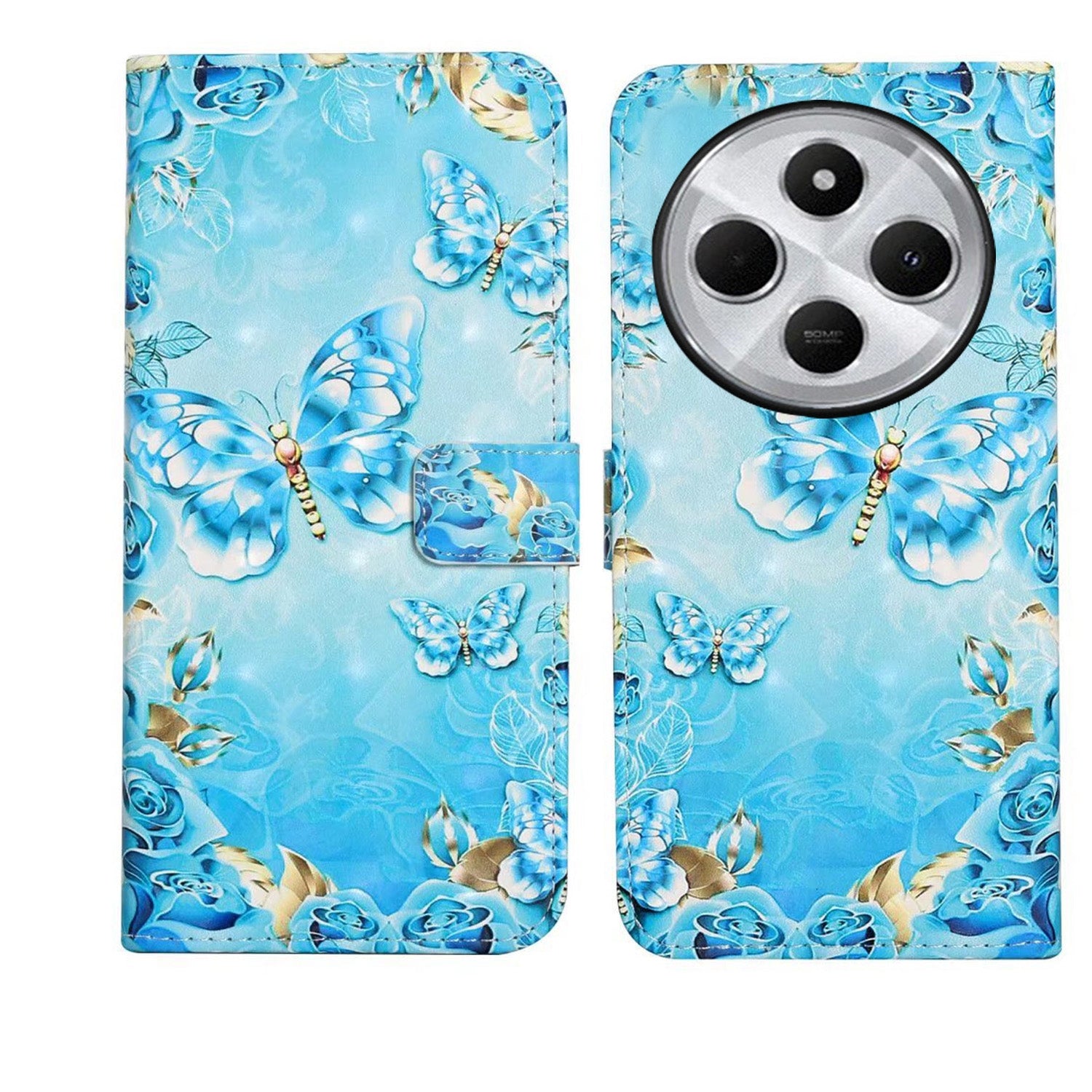 For Redmi 14C 4G Oil Embossed 3D Drawing Leather Phone Case(Blue Butterflies)