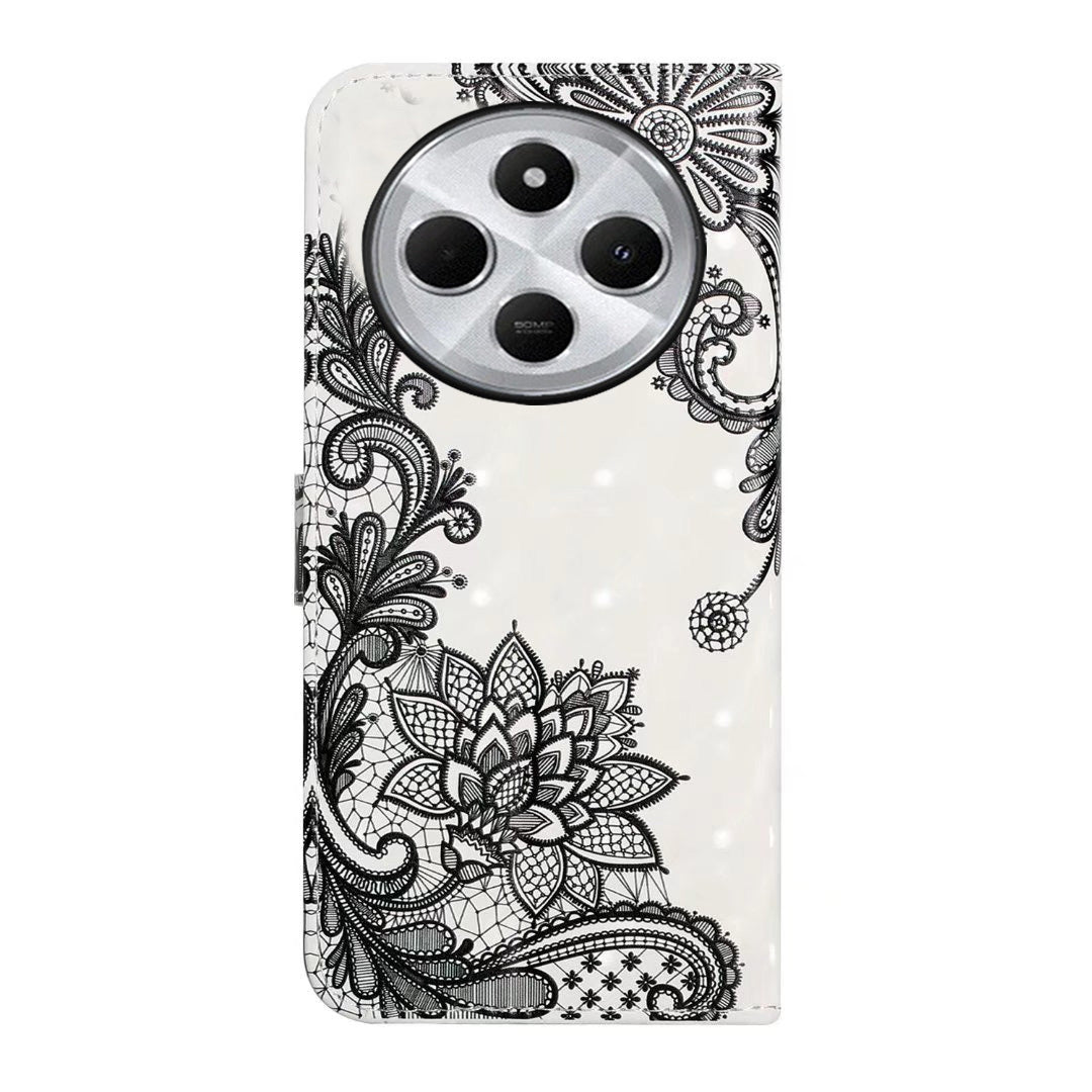 For Redmi 14C 4G Oil Embossed 3D Drawing Leather Phone Case(Lace Flower)