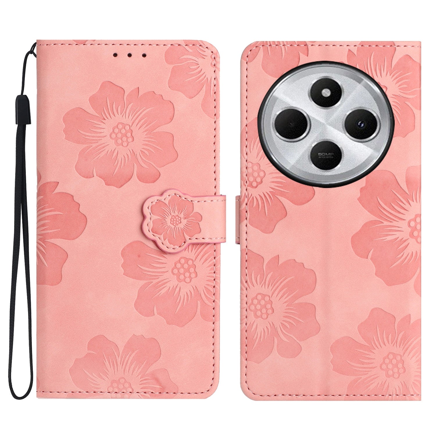 For Redmi 14C 4G Flower Embossing Pattern Leather Phone Case(Pink)