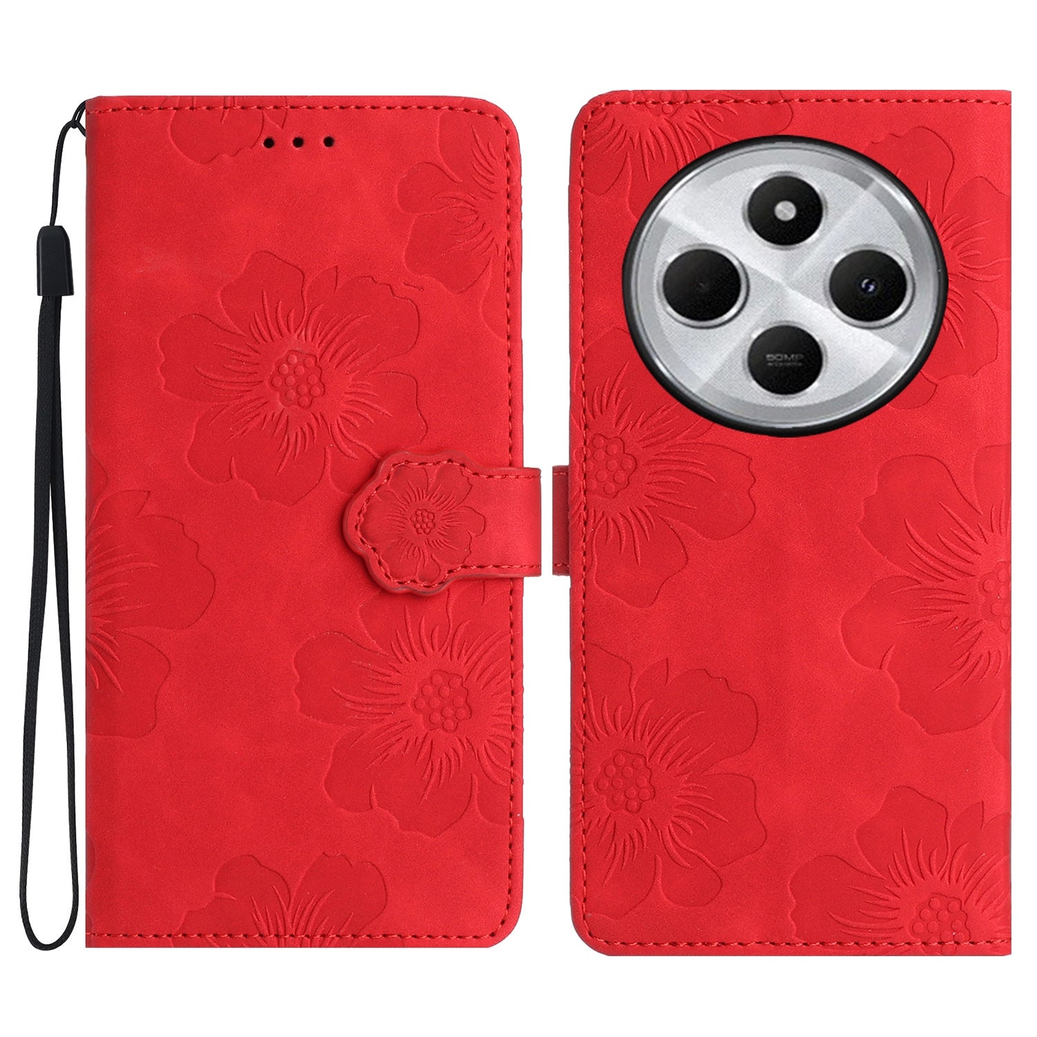 For Redmi 14C 4G Flower Embossing Pattern Leather Phone Case(Red)