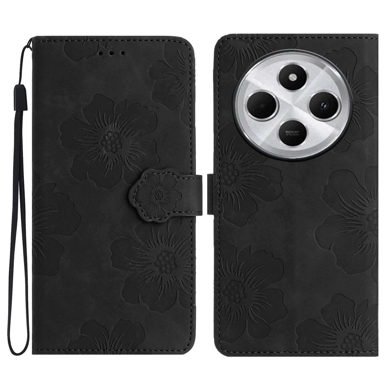 For Redmi 14C 4G Flower Embossing Pattern Leather Phone Case(Black)