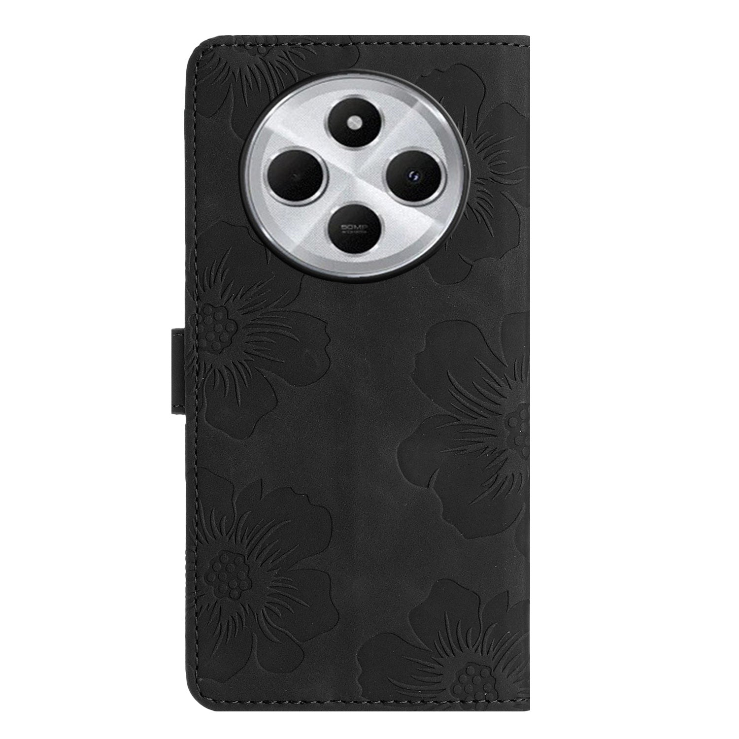 For Redmi 14C 4G Flower Embossing Pattern Leather Phone Case(Black)