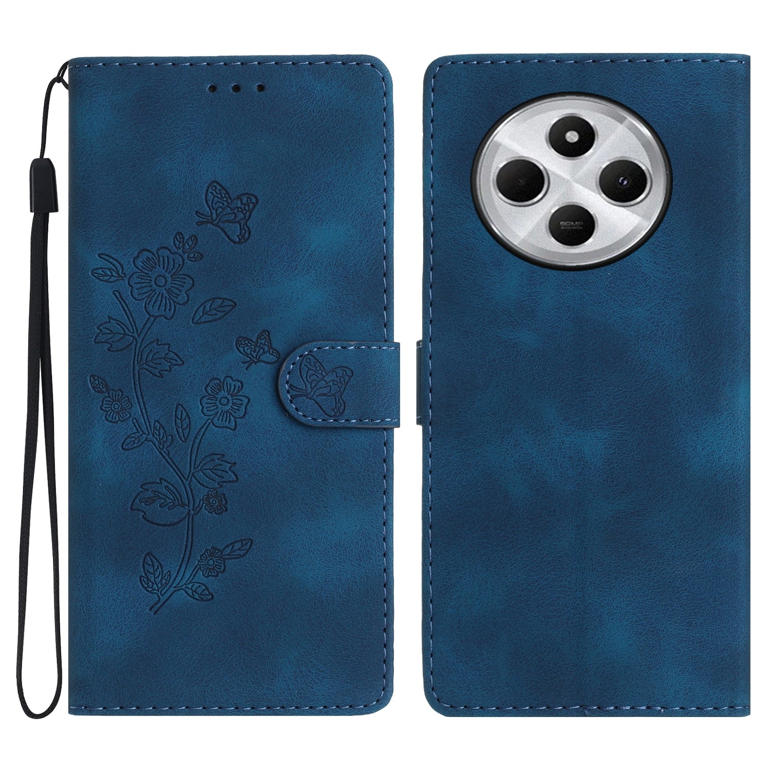 For Redmi 14C 4G Flower Butterfly Embossing Pattern Leather Phone Case(Blue)