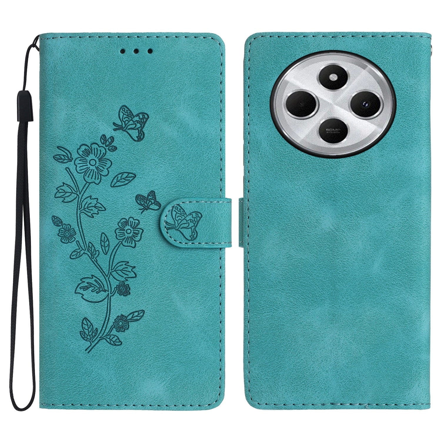 For Redmi 14C 4G Flower Butterfly Embossing Pattern Leather Phone Case(Sky Blue)