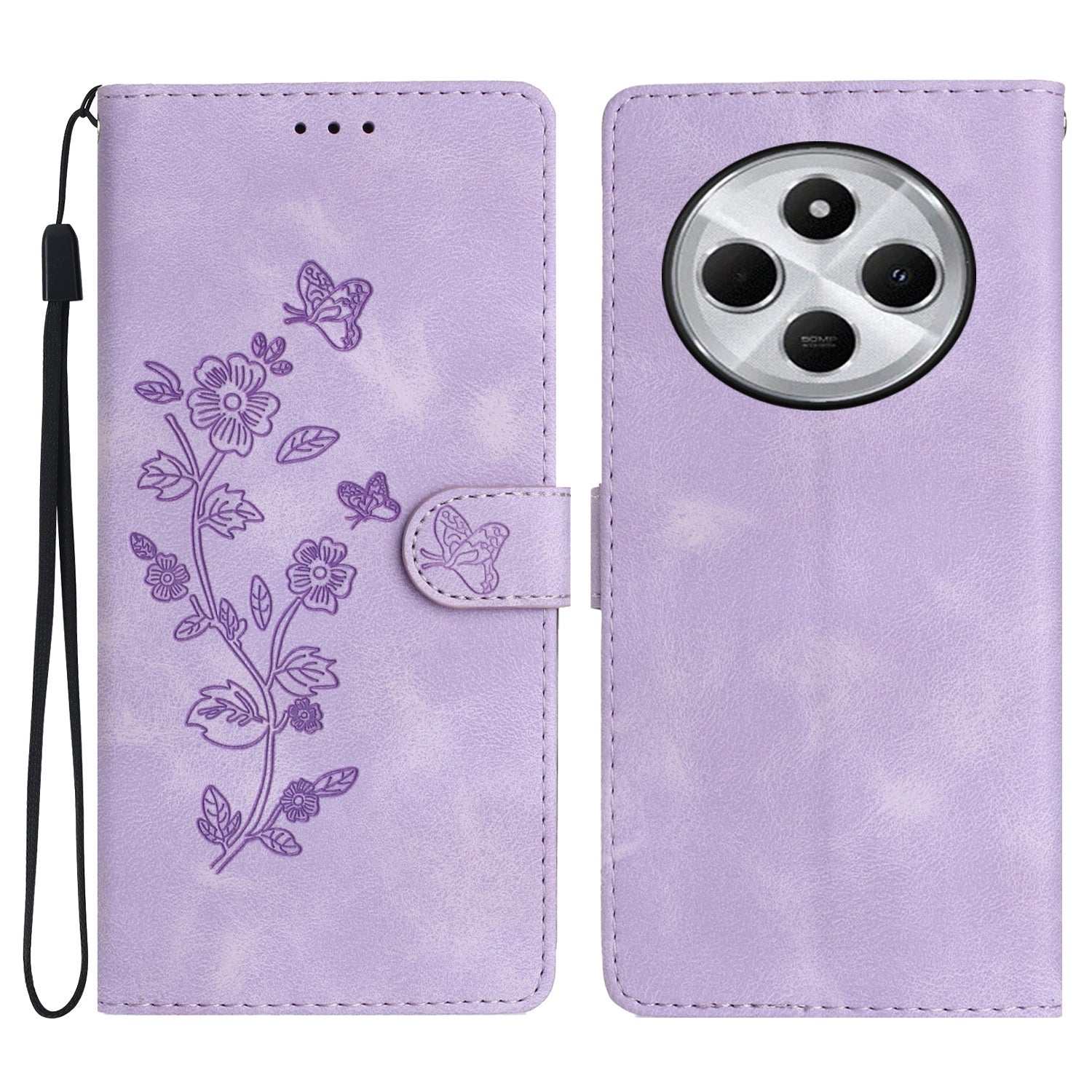 For Redmi 14C 4G Flower Butterfly Embossing Pattern Leather Phone Case(Purple)