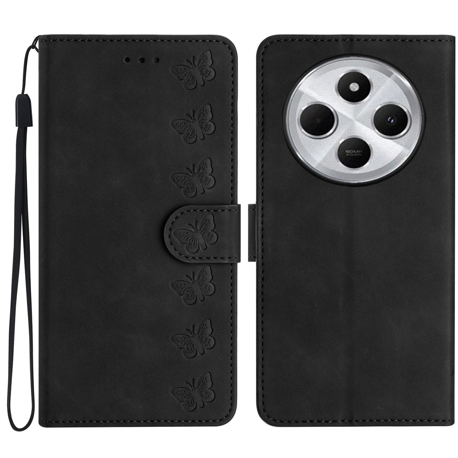 For Redmi 14C 4G Seven Butterflies Embossed Leather Phone Case(Black)