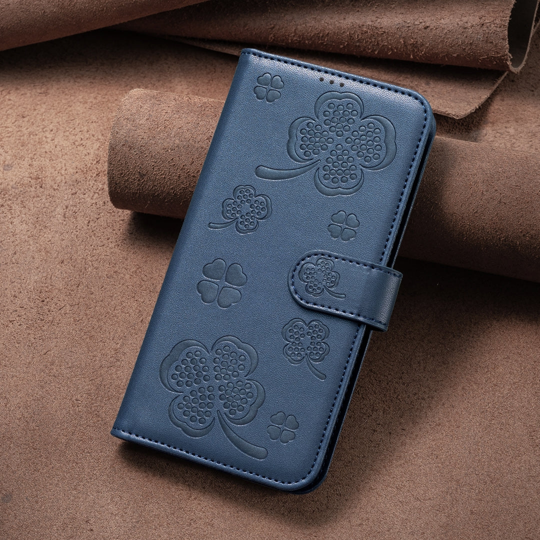 For Redmi 14C 4G Four-leaf Embossed Leather Phone Case(Blue)