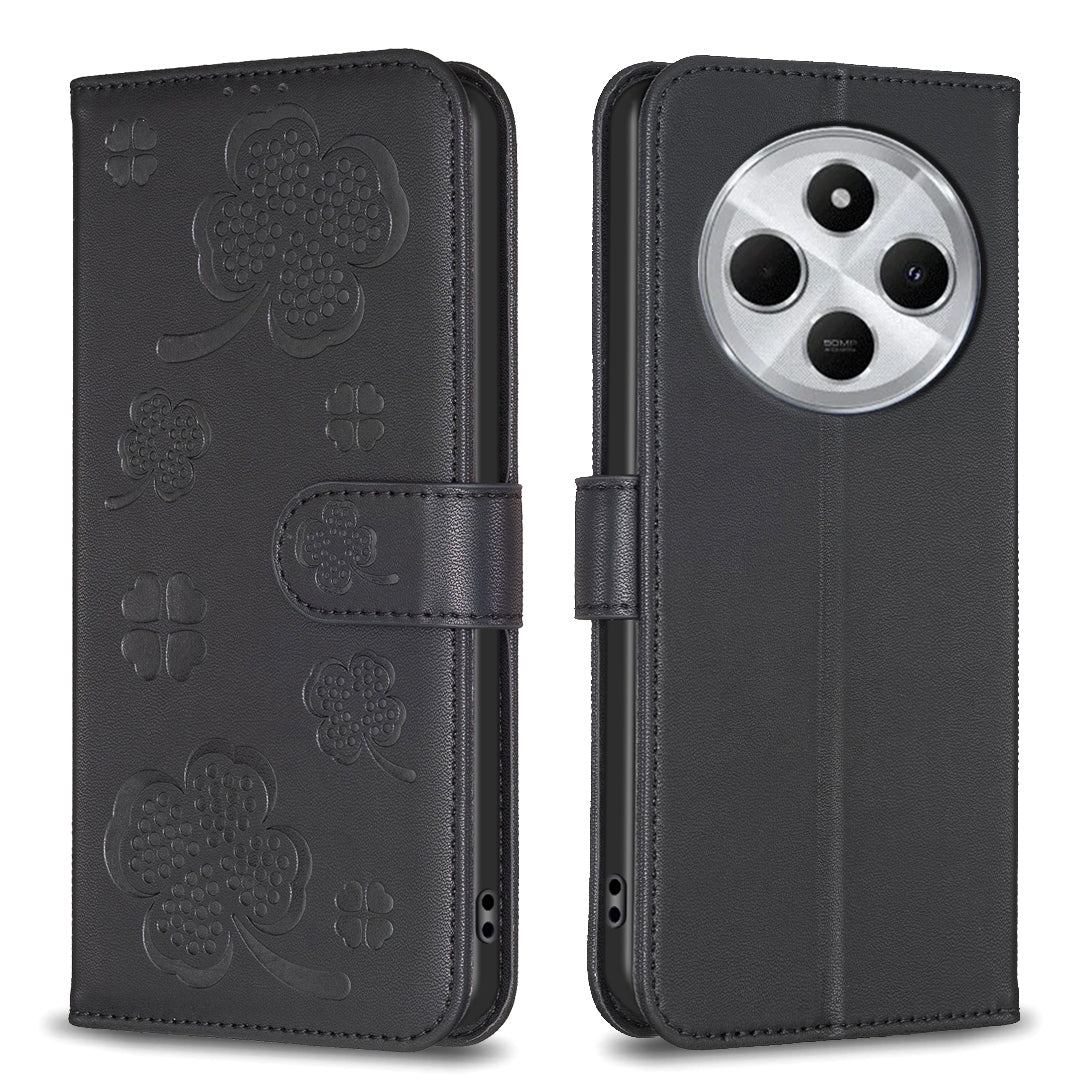 For Redmi 14C 4G Four-leaf Embossed Leather Phone Case(Black)