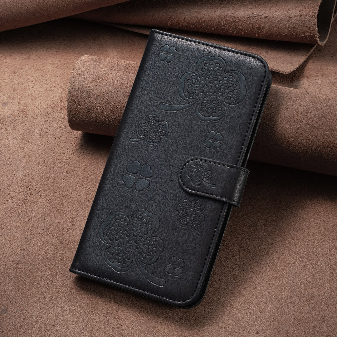 For Redmi 14C 4G Four-leaf Embossed Leather Phone Case(Black)