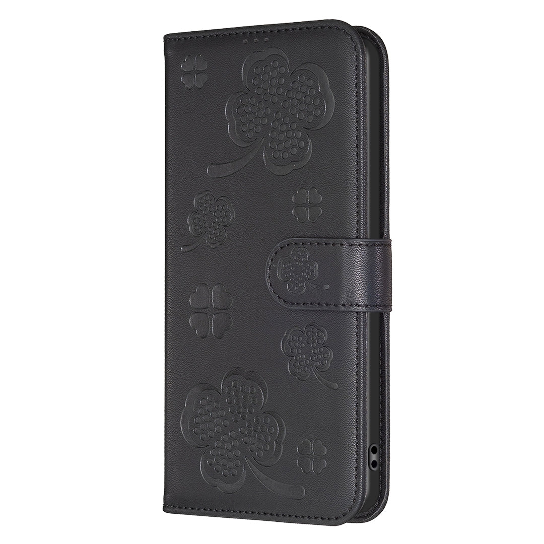 For Redmi 14C 4G Four-leaf Embossed Leather Phone Case(Black)