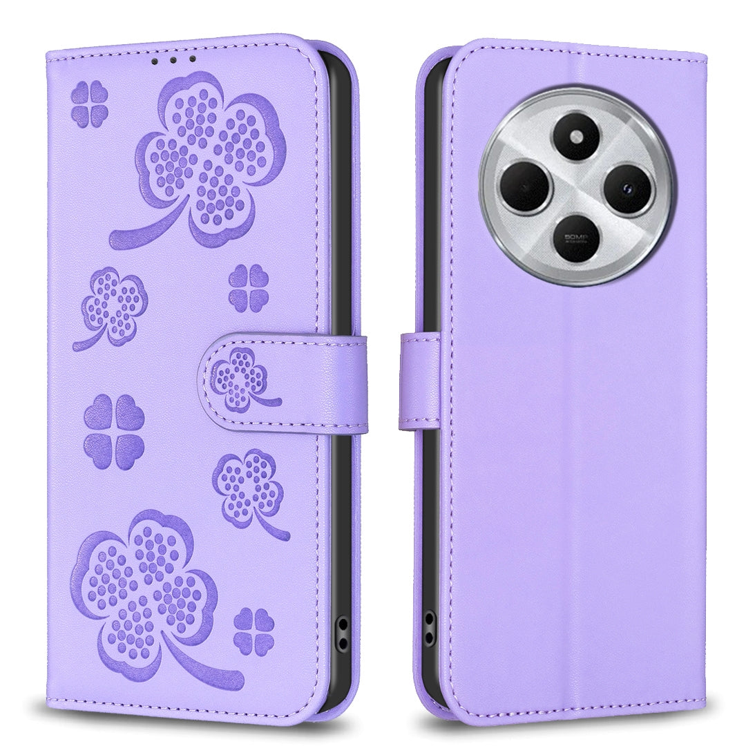 For Redmi 14C 4G Four-leaf Embossed Leather Phone Case(Purple)