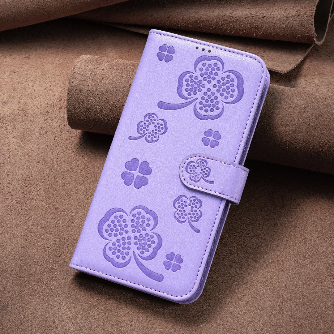 For Redmi 14C 4G Four-leaf Embossed Leather Phone Case(Purple)