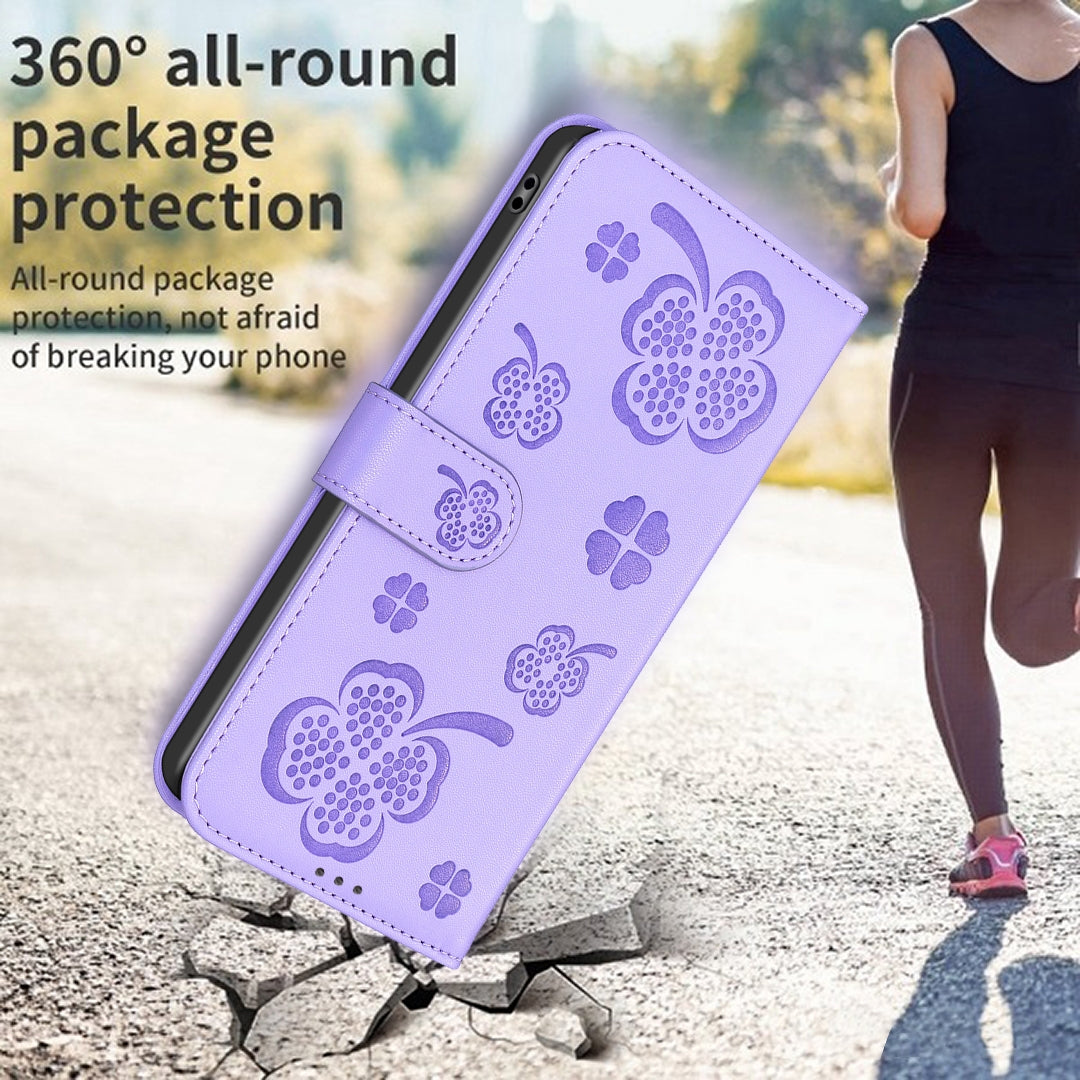 For Redmi 14C 4G Four-leaf Embossed Leather Phone Case(Purple)