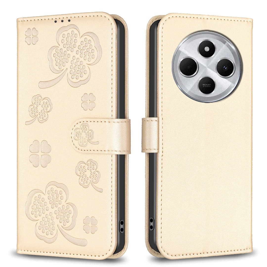 For Redmi 14C 4G Four-leaf Embossed Leather Phone Case(Gold)