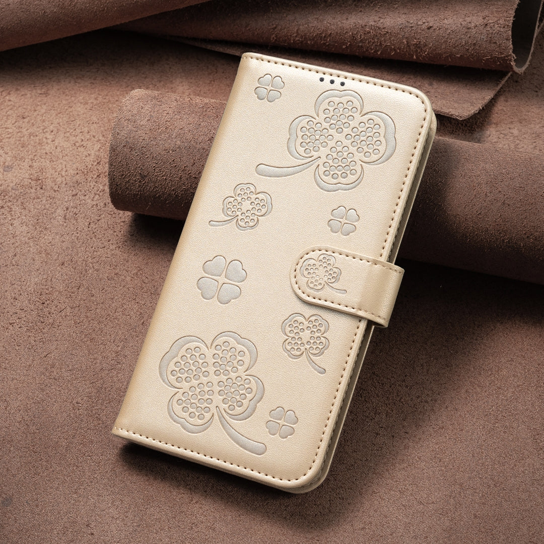 For Redmi 14C 4G Four-leaf Embossed Leather Phone Case(Gold)