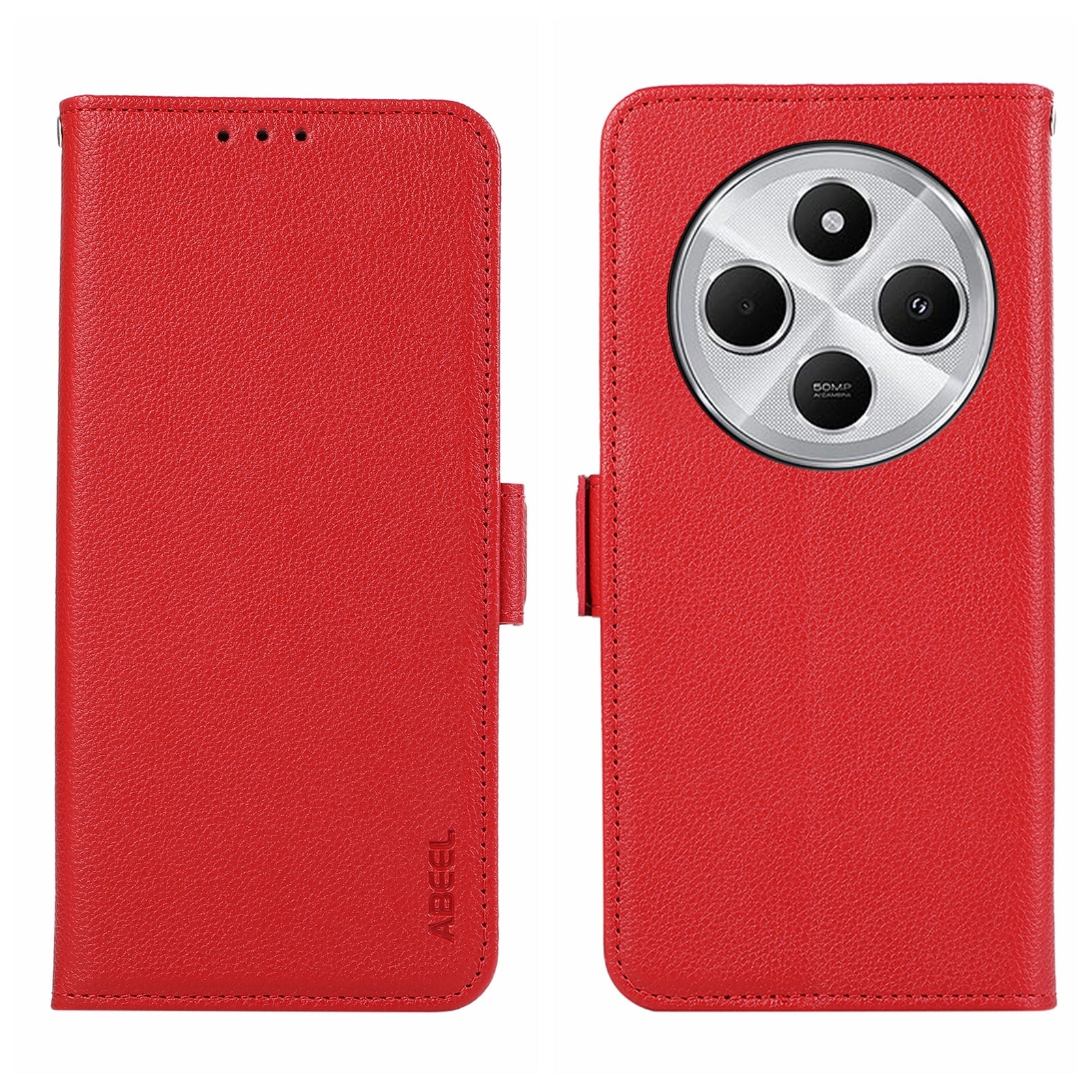 For Redmi 14C 4G ABEEL Side-Magnetic Litchi Pattern Leather RFID Phone Case(Red)