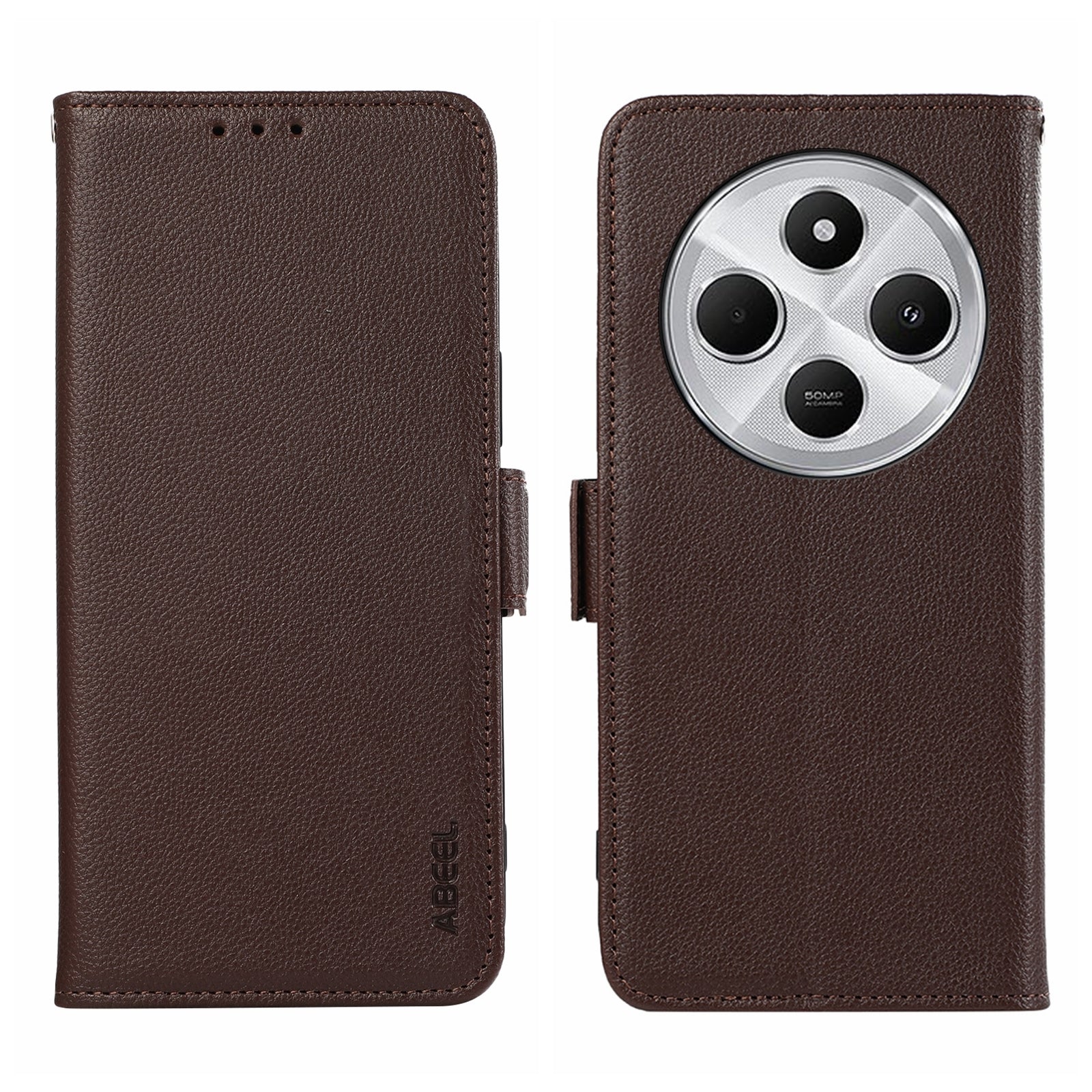 For Redmi 14C 4G ABEEL Side-Magnetic Litchi Pattern Leather RFID Phone Case(Brown)