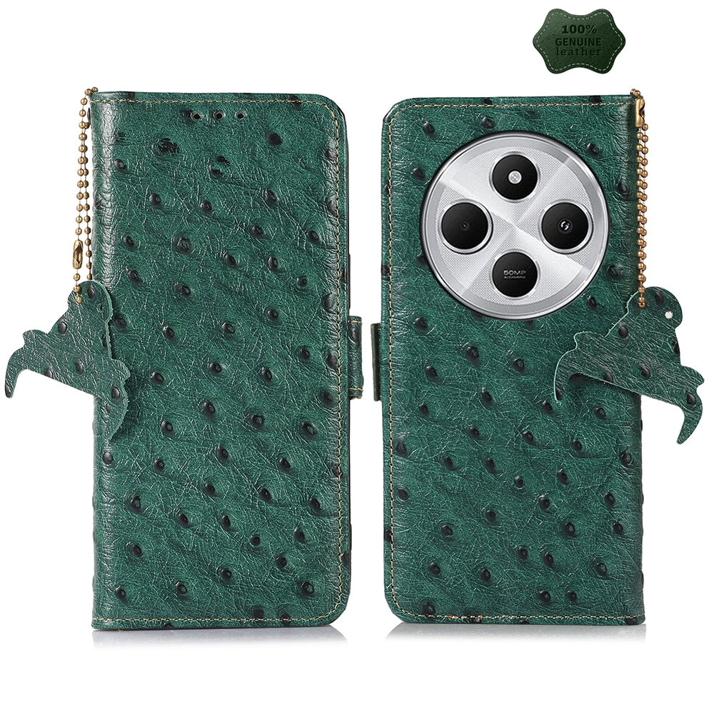 For Redmi 14C 4G Ostrich Pattern Genuine Leather RFID Phone Case(Green)