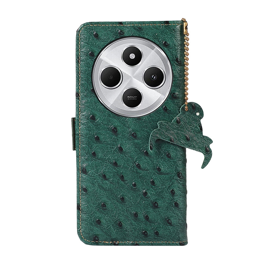 For Redmi 14C 4G Ostrich Pattern Genuine Leather RFID Phone Case(Green)