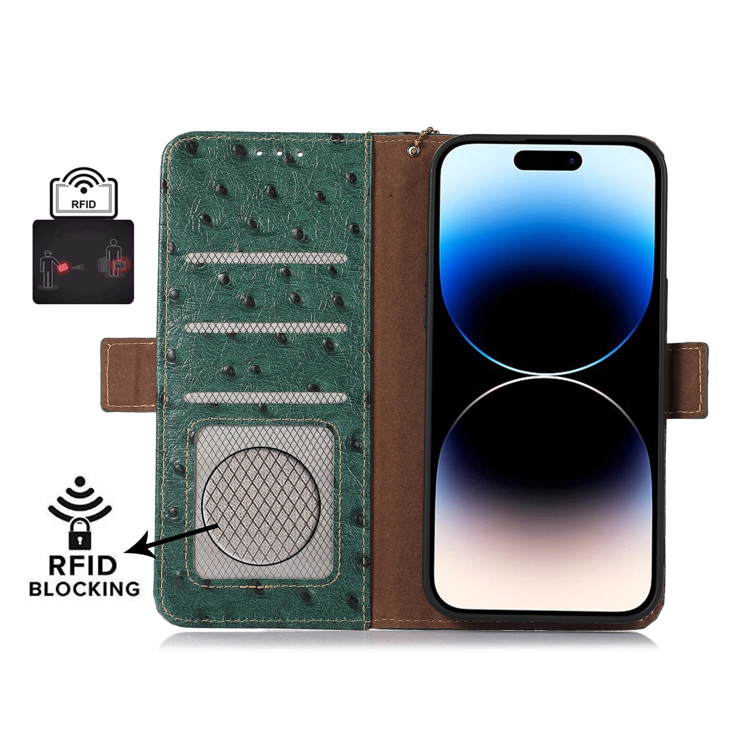 For Redmi 14C 4G Ostrich Pattern Genuine Leather RFID Phone Case(Green)