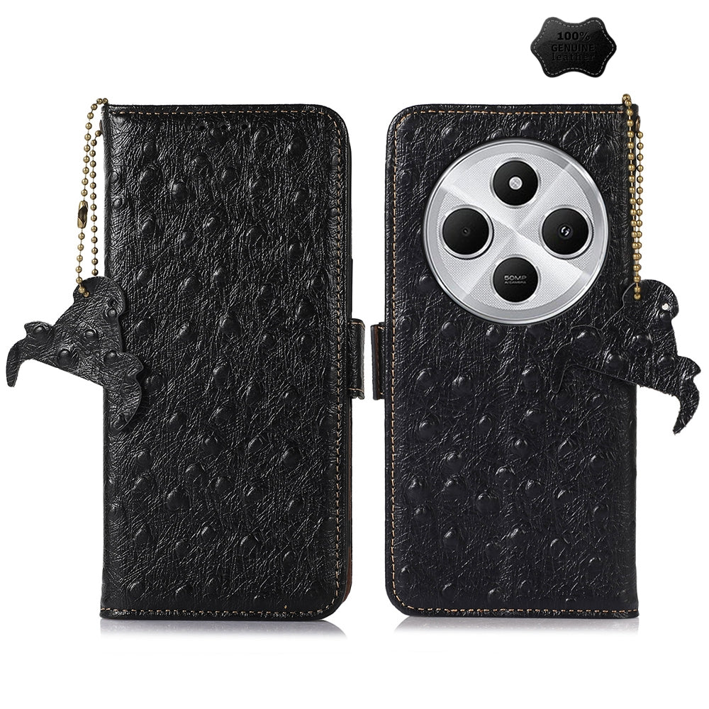 For Redmi 14C 4G Ostrich Pattern Genuine Leather RFID Phone Case(Black)